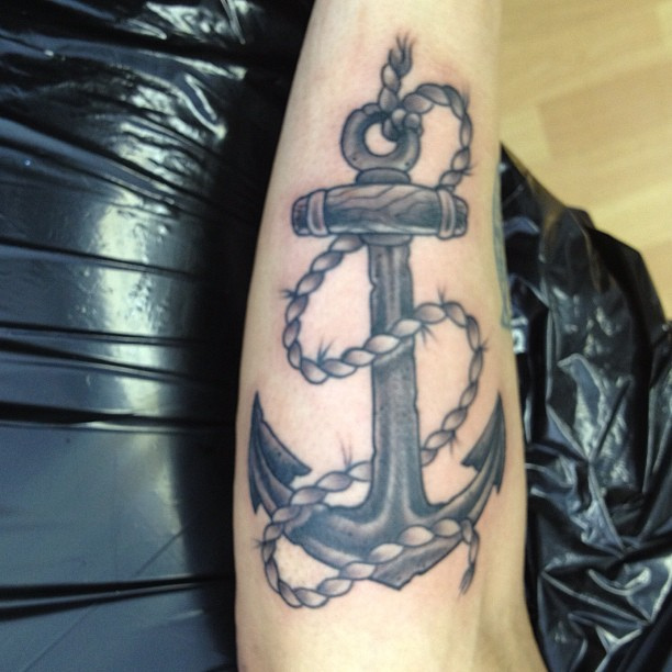 Awesome Black And Grey Anchor Tattoo Design For Sleeve