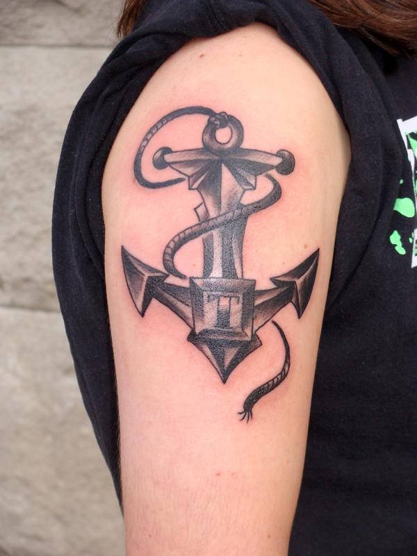Awesome Black And Grey Anchor Tattoo On Right Shoulder