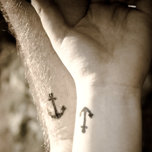 Awesome Black Ink Anchor Tattoo On Couple Wrist