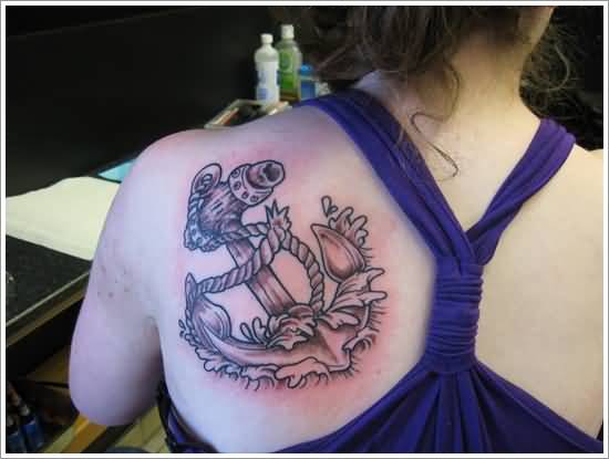 Awesome Black Ink Anchor Tattoo On Girl Left Back Shoulder
