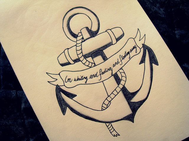 Awesome Black Ink Anchor With Banner Tattoo Design