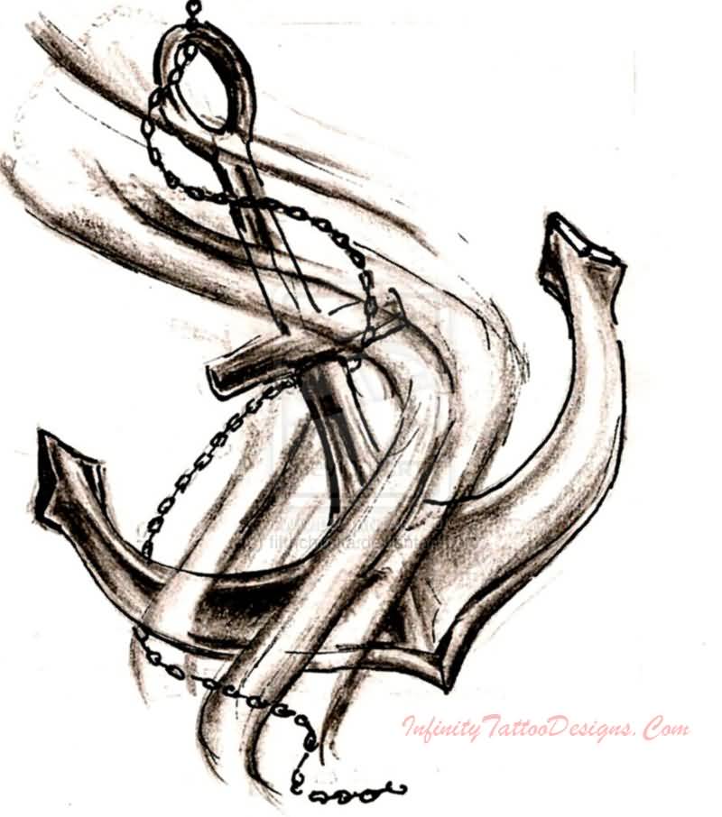 Awesome Black Ink Anchor With Chain Tattoo Design