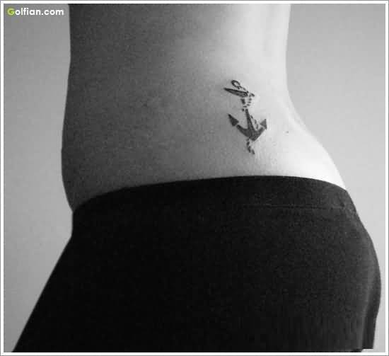 Awesome Black Ink Anchor With Rope Tattoo On Left Hip