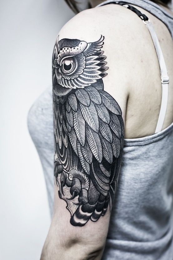 Awesome Black Ink Owl Tattoo On Female Left Half Sleeve