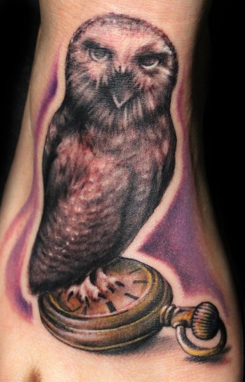 Awesome Black Ink Owl With Pocket Watch Tattoo On Right Foot