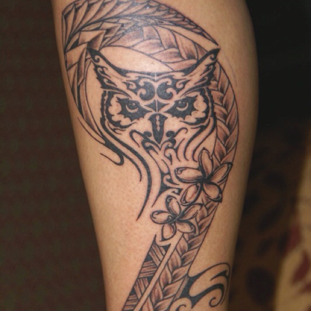 Awesome Black Tribal Owl With Flowers Tattoo Design For Leg