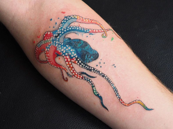 Awesome Colorful Octopus Tattoo Design For Forearm By Baris Yesilbas