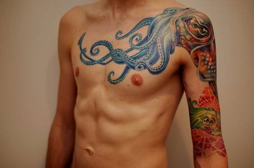 Awesome Colorful Octopus Tattoo On Man Chest And Half Sleeve