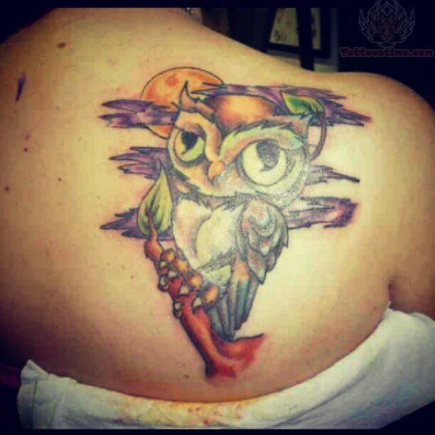 Awesome Colorful Owl On Branch Tattoo On Girl Right Back Shoulder