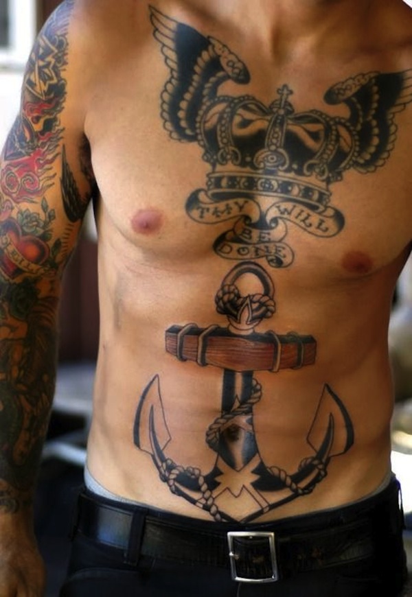 Awesome Crown With Wings And Anchor Tattoo On Man Full Body