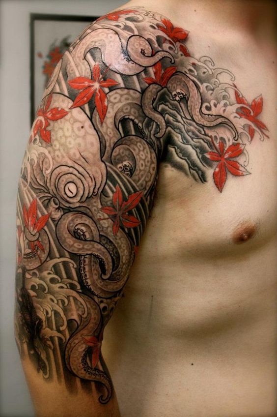 Awesome Japanese Octopus Tattoo On Man Right Half Sleeve