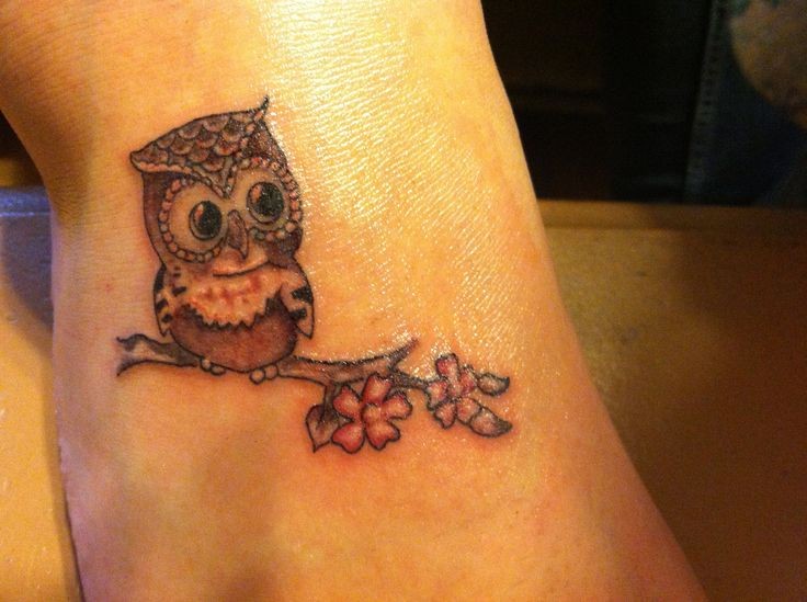 Awesome Owl On Branch Tattoo On Right Foot