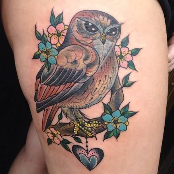 Awesome Owl On Tree Tattoo On Right Thigh