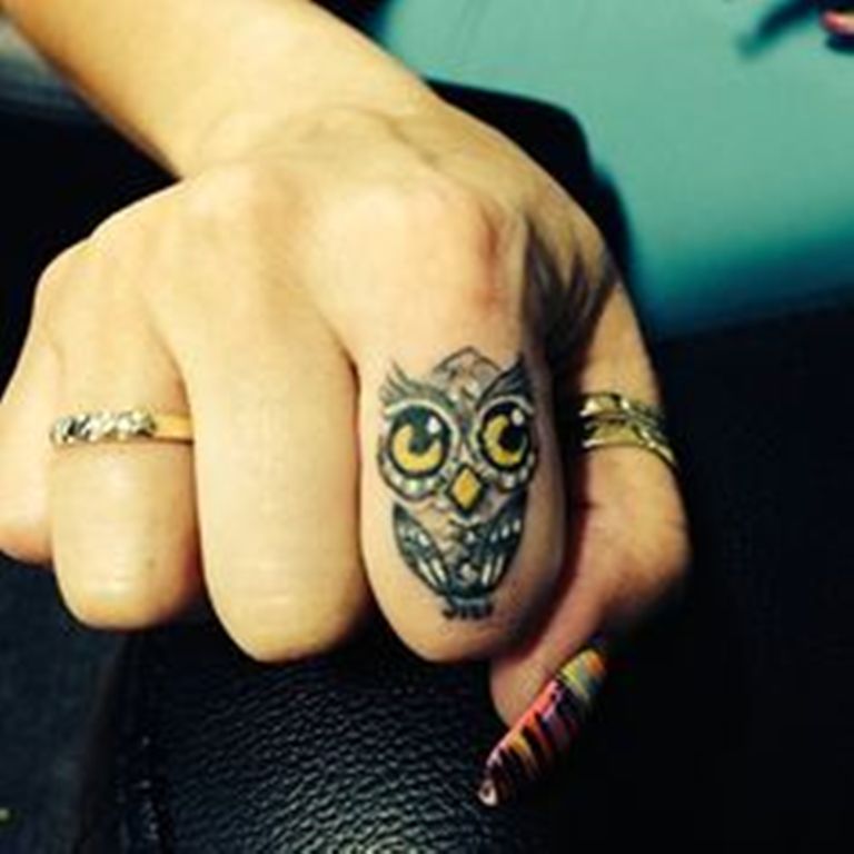 Awesome Owl Tattoo On Girl Right Hand Finger
