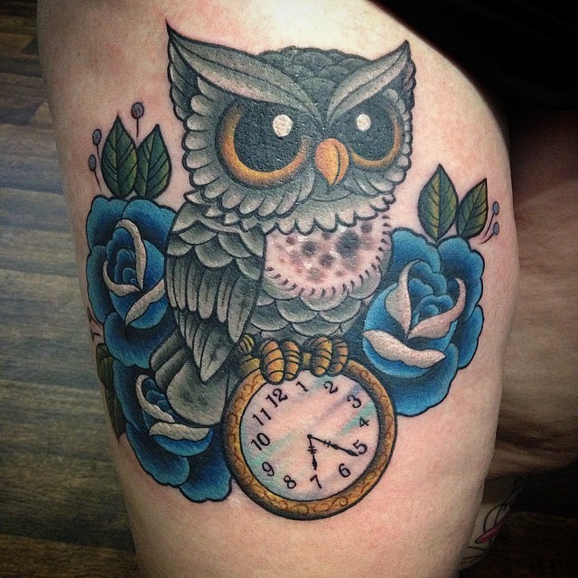 Awesome Owl With Pocket Watch And Roses Tattoo On Right Thigh By Ali Burke