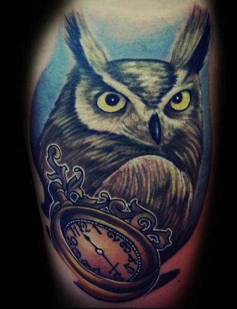 Awesome Owl With Pocket Watch Tattoo Design