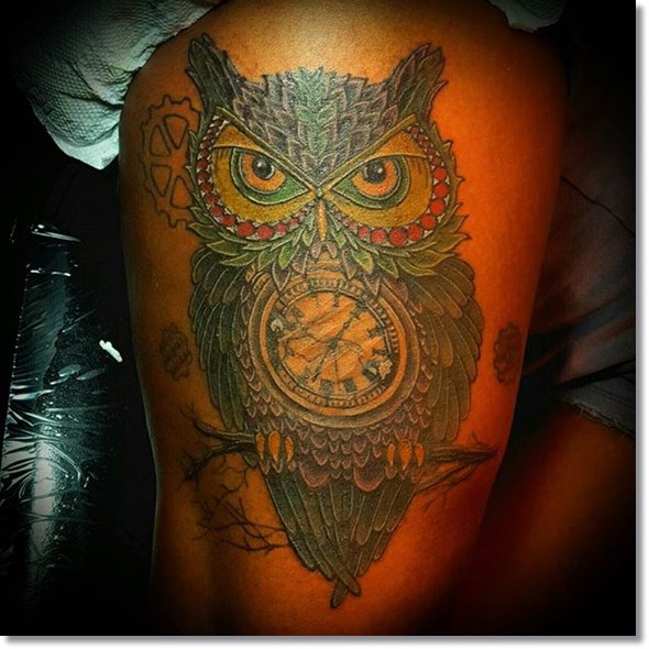Awesome Owl With Pocket Watch Tattoo On Right Thigh