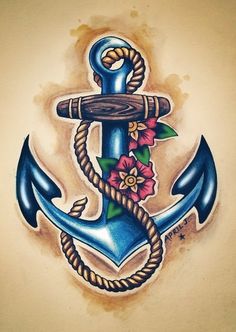 Awesome Traditional Anchor With Flowers Tattoo Design