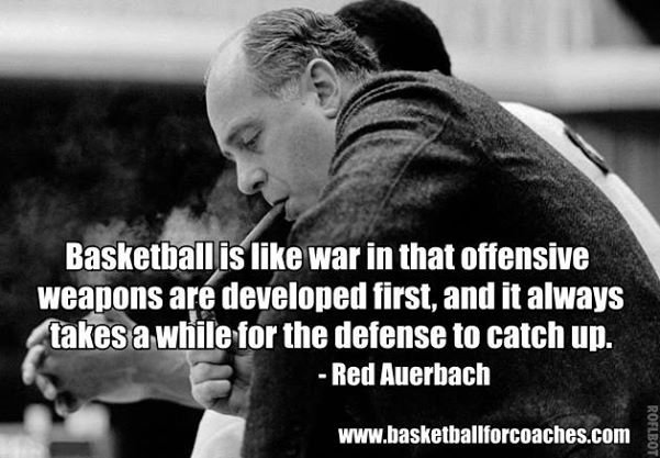 Basketball is like war in that offensive weapons are developed first, and it always takes a while for the defense to catch ...Red Auerbach