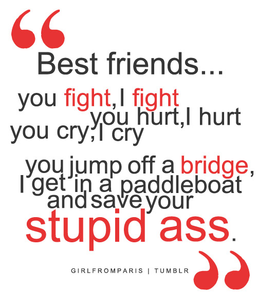Best friends.. you fight, I fight, you hurt, I hurt, you cry, I cry. You jump off a bridge I get in a paddle boat and save your stupid ass ...