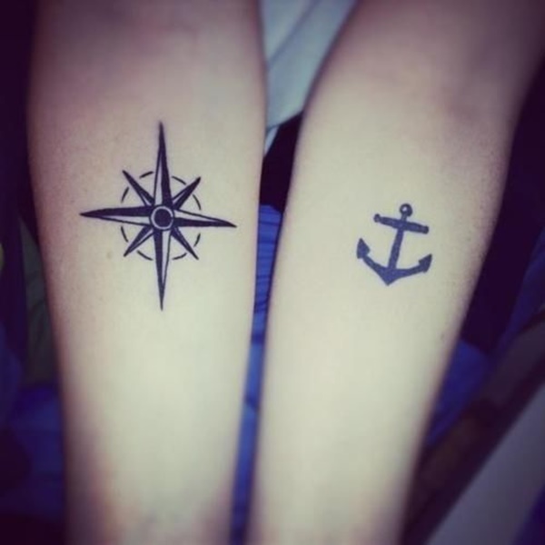 Black Anchor And Compass Tattoo On Both Forearm