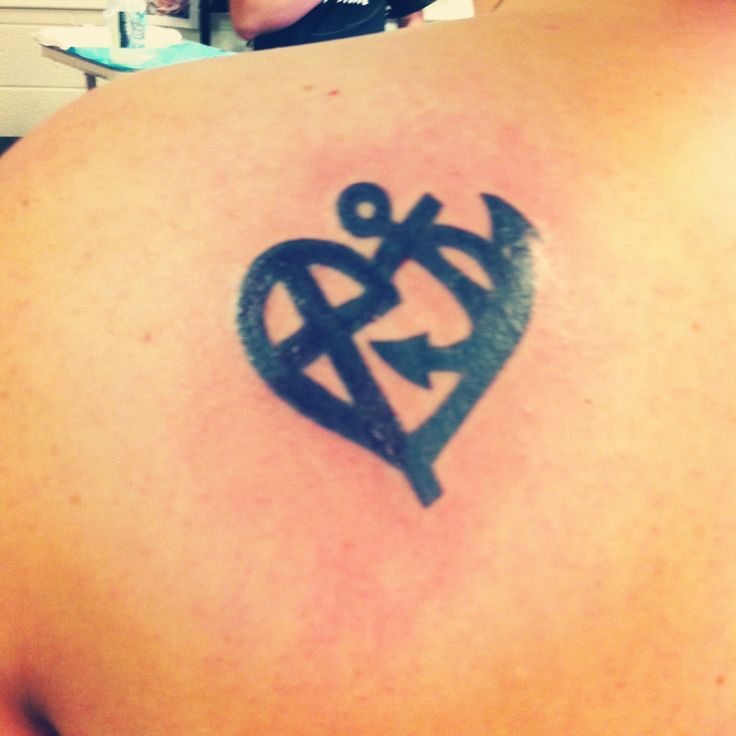 Black Anchor And Cross With Heart Tattoo On Left Back Shoulder
