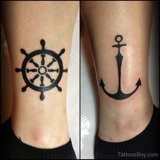Black Anchor And Ship Wheel Tattoo Design For Leg