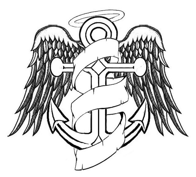 Black Anchor Cross With Angel Wings And Ribbon Tattoo Design