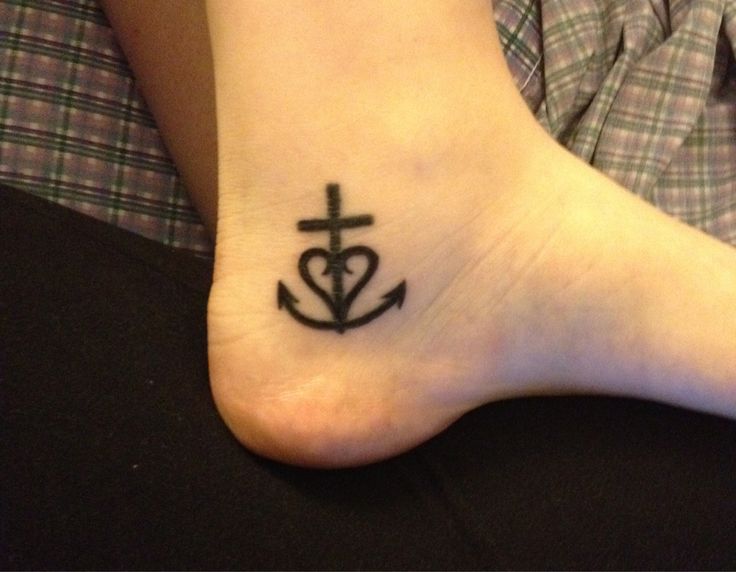 Black Anchor Cross With Heart Tattoo On Right Ankle