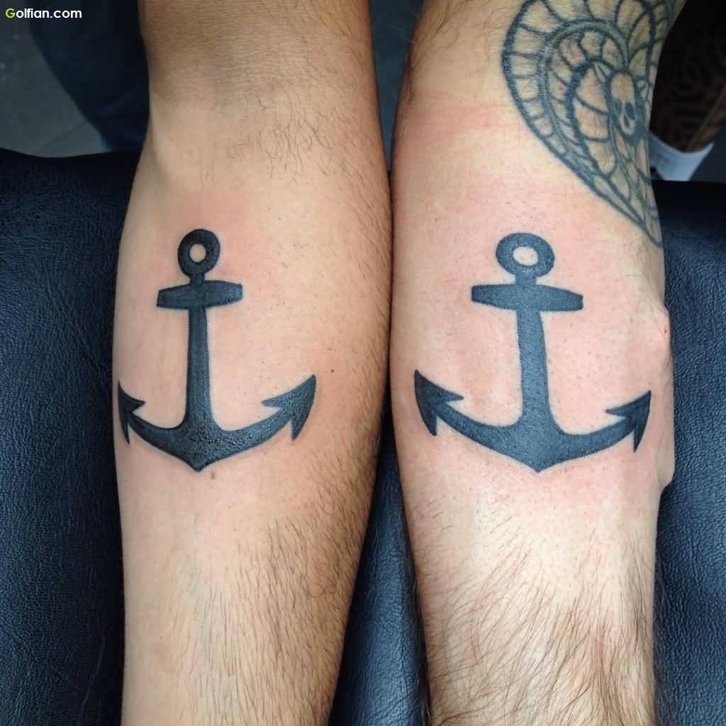 Black Anchor Tattoo On Couple Forearm