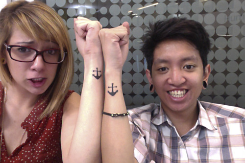 Black Anchor Tattoo On Couple Side Wrist