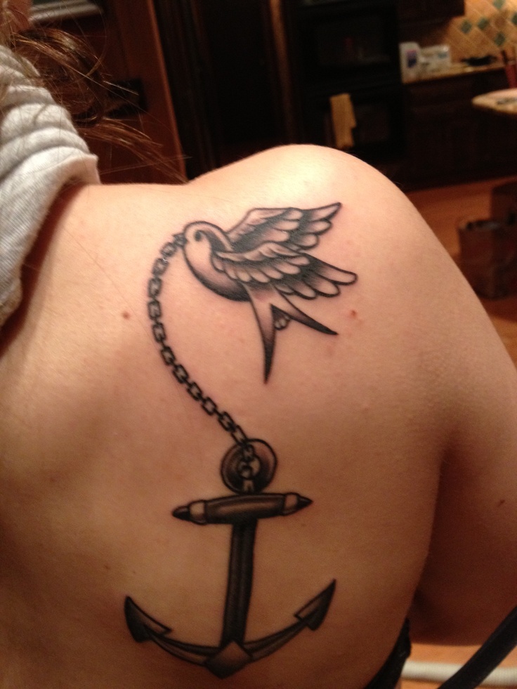 Black Anchor With Flying Bird Tattoo On Girl Right Back Shoulder