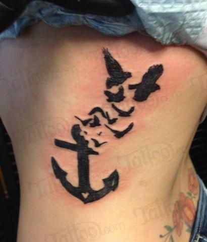 Black Anchor With Flying Birds Tattoo Design For Side Rib
