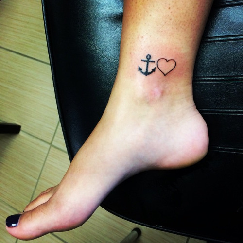 Black Anchor With Heart Tattoo On Girl Right Foot Ankle