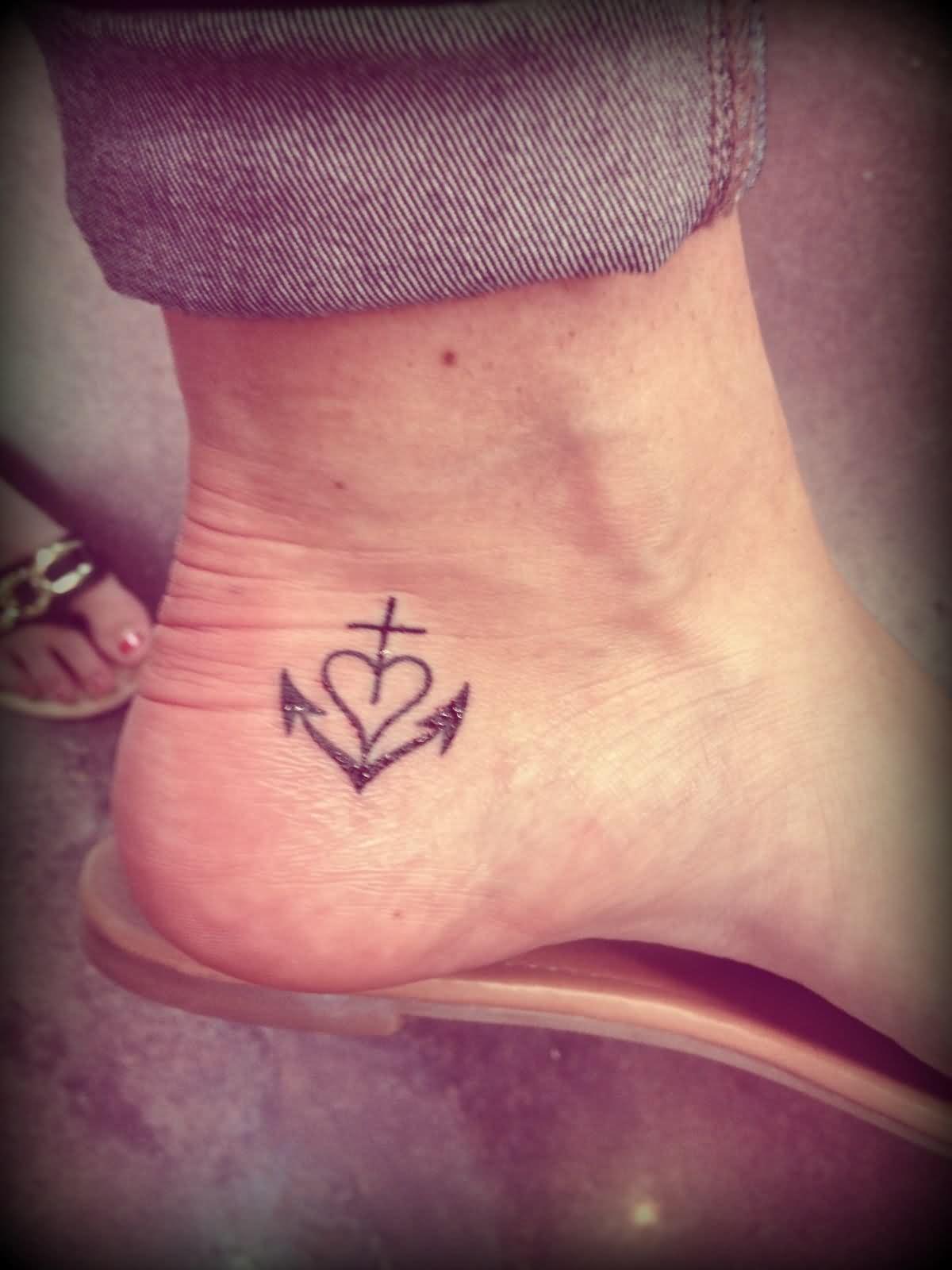 Black Anchor With Heat And Cross Tattoo On Girl Ankle