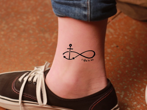 Black Anchor With Infinity Tattoo On Ankle