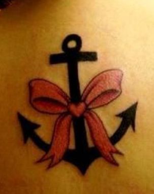 Black Anchor With Pink Ribbon Bow Tattoo Design