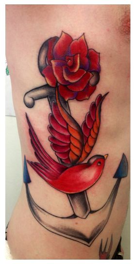 Black Anchor With Red Rose And Flying Bird Tattoo On Man Right Side Rib