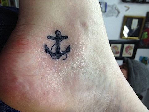 Black Anchor With Rope Tattoo On Ankle
