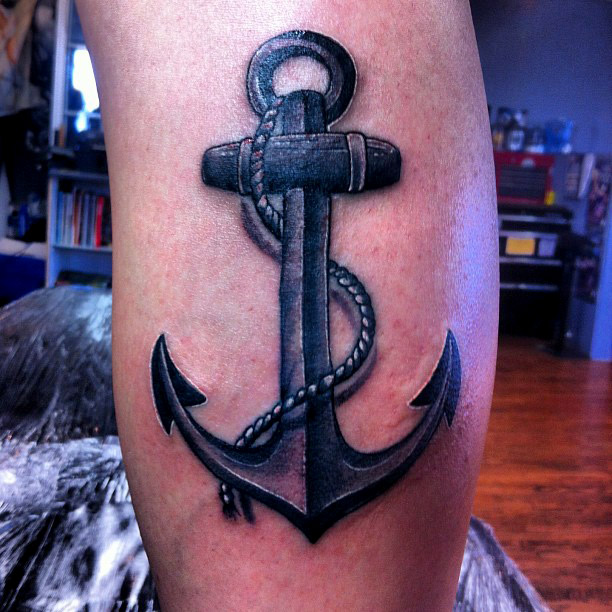 Black And Grey 3D Anchor Tattoo Design For Leg