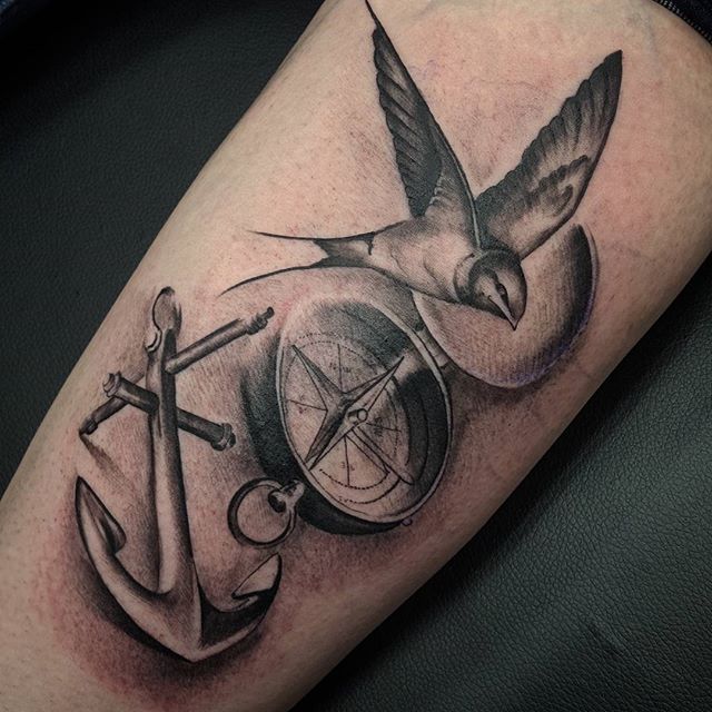 Black And Grey 3D Anchor With Compass And Flying Bird Tattoo Design For Sleeve