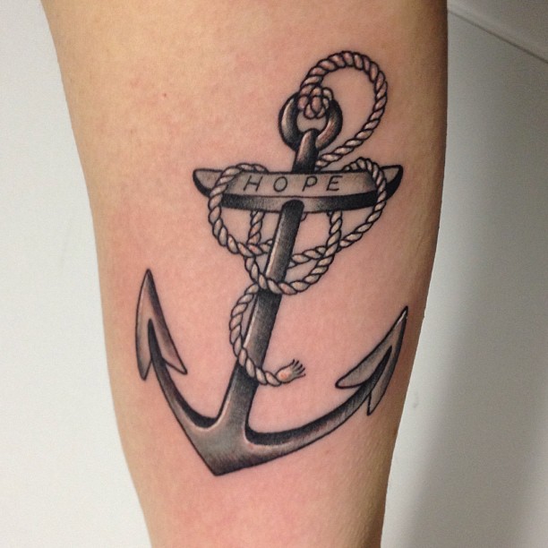 Black And Grey 3D Anchor With Rope Tattoo Design For Sleeve
