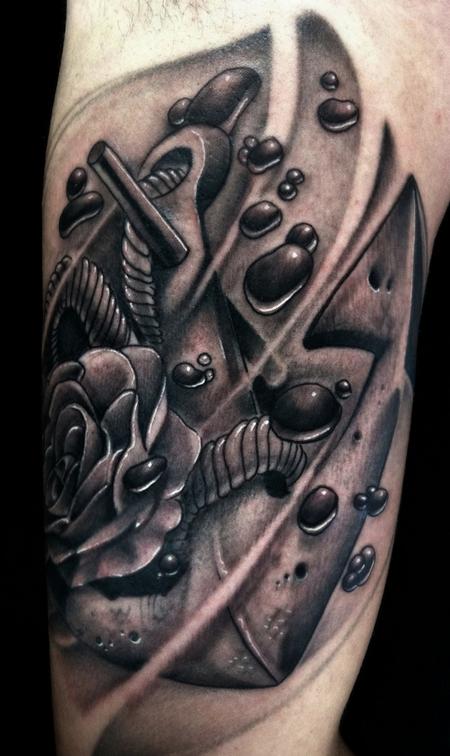 Black And Grey 3D Anchor With Rose Tattoo Design For Sleeve