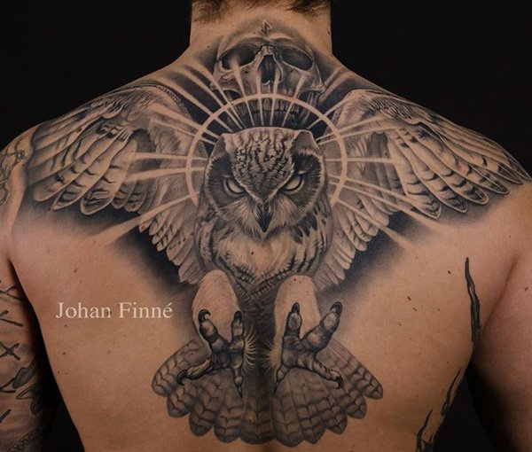 Black And Grey 3D Flying Owl With Skull Tattoo On Man Upper Back By Kate Marshall