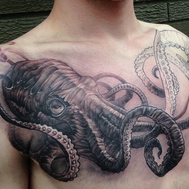 Black And Grey 3D Octopus Tattoo On Man Chest