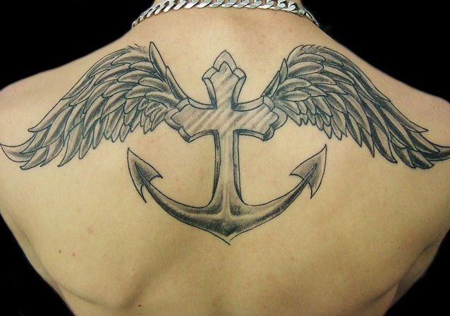 Black And Grey Anchor Cross With Angel Wings Tattoo On Man Upper Back