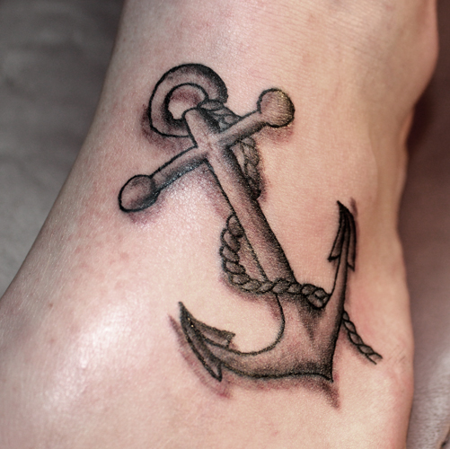 Black And Grey Anchor Tattoo Design For Foot