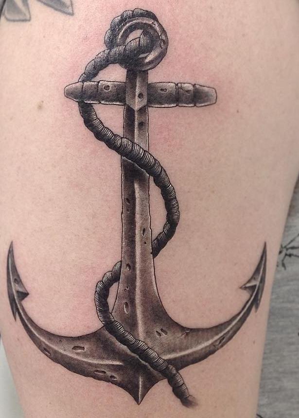 Black And Grey Anchor Tattoo Design For Thigh