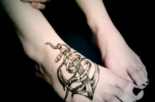 Black And Grey Anchor Tattoo On Girl Right Foot
