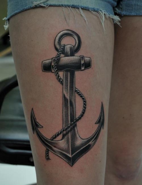 Black And Grey Anchor Tattoo On Girl Right Thigh